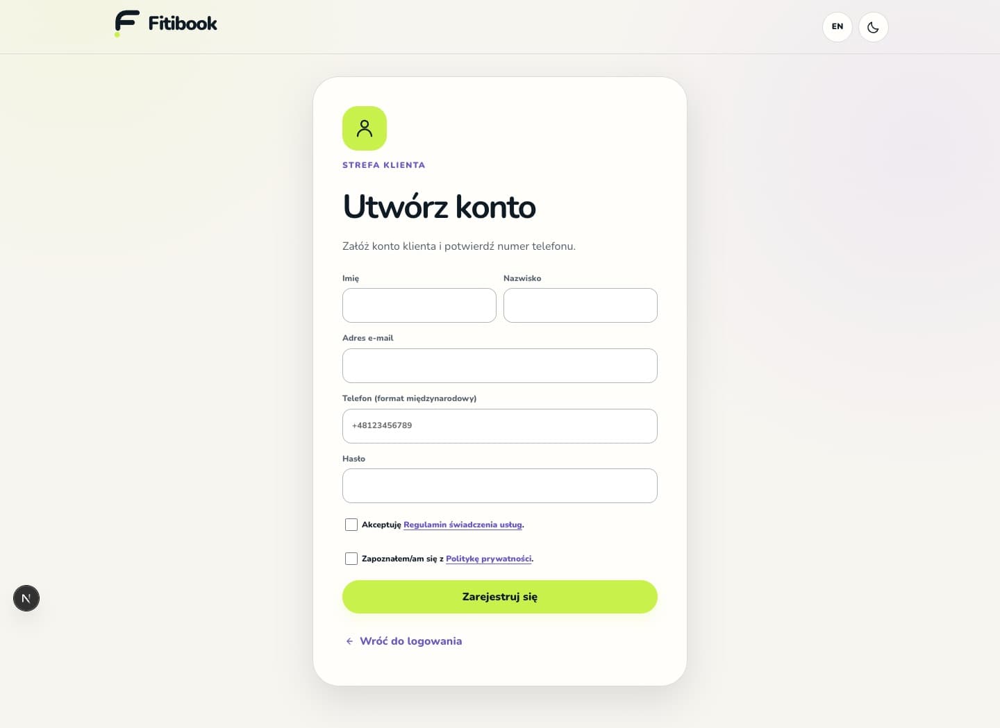 Fitibook customer account registration form