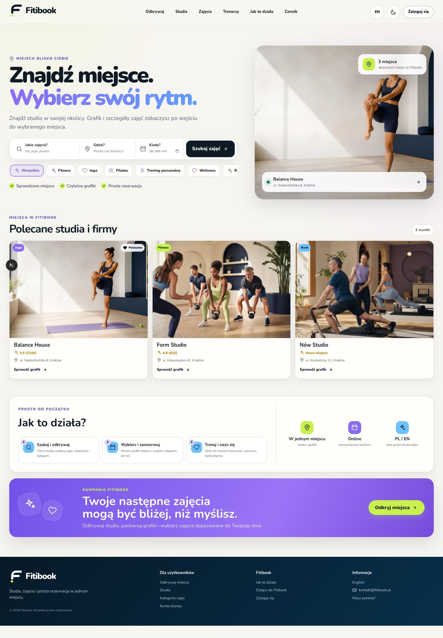 Fitibook home page with search and studio cards
