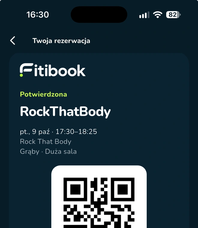 Oryginalny widok potwierdzonej rezerwacji w aplikacji Fitibook.